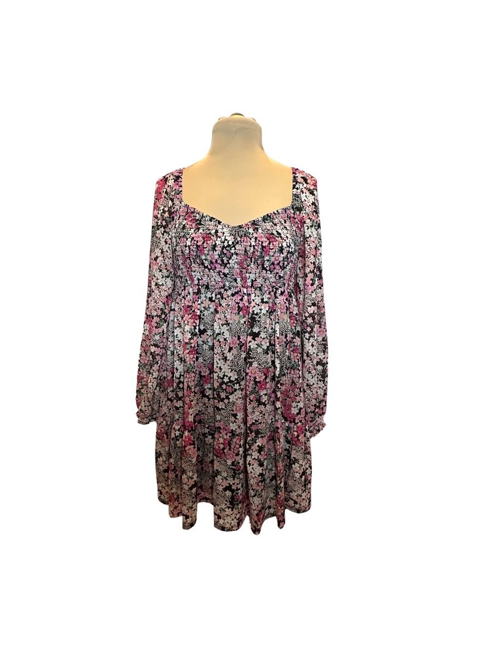 Crystal Doll Pink & Black Floral Long-Sleeve Swing Dress-Size M
